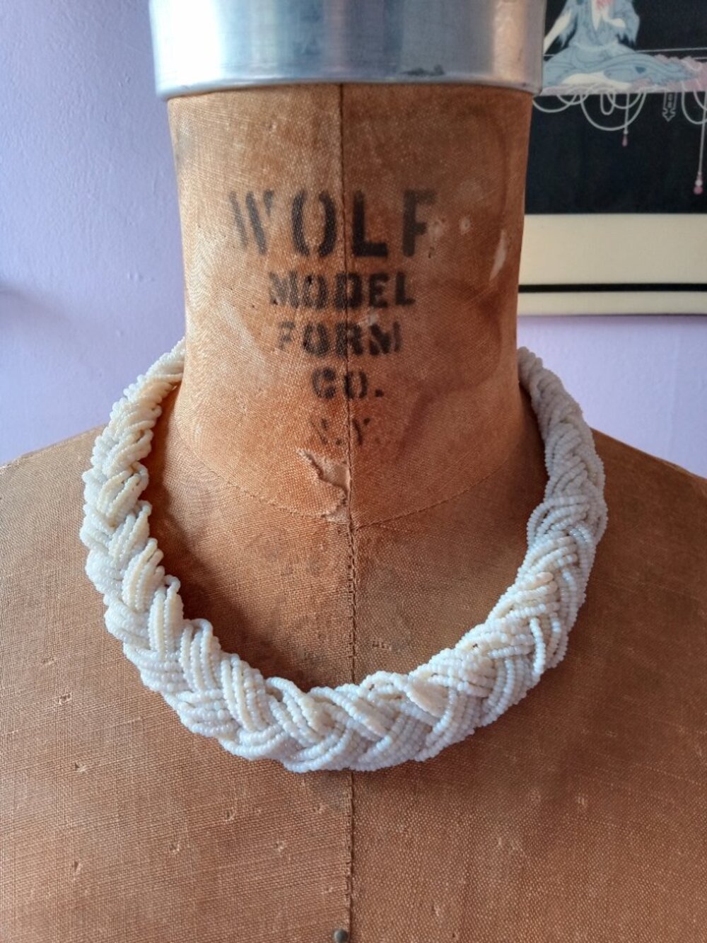 Vintage multi strand braided white seed bead necklace